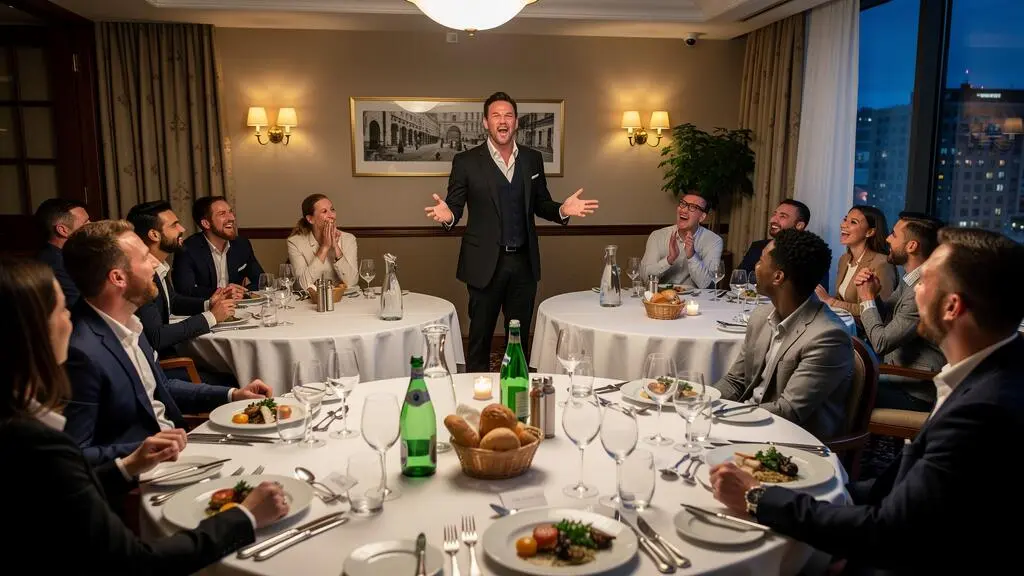 Un animateur interagit avec des collaborateurs assis autour de tables lors d'un repas d'entreprise.