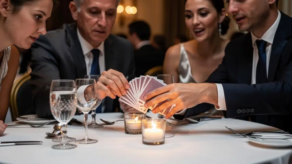 Un magicien de close-up présente un tour de cartes à des convives attablés.